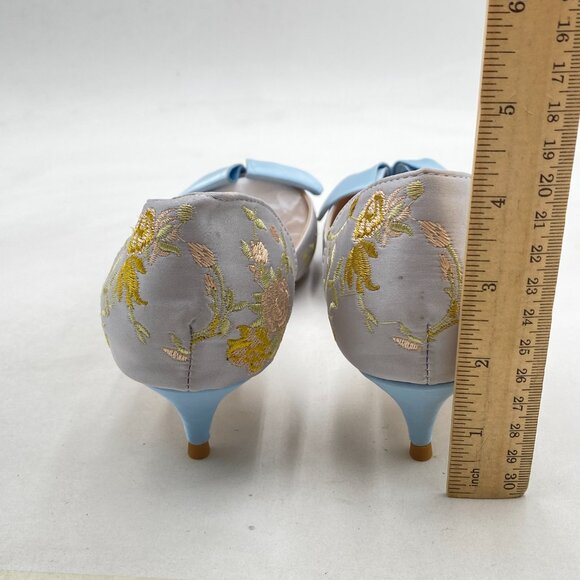 XYD Blue Flower Embroidery D'Orsay Kitten Heel Bridal Bowknot Pointed Toe Pumps - Picture 5 of 8